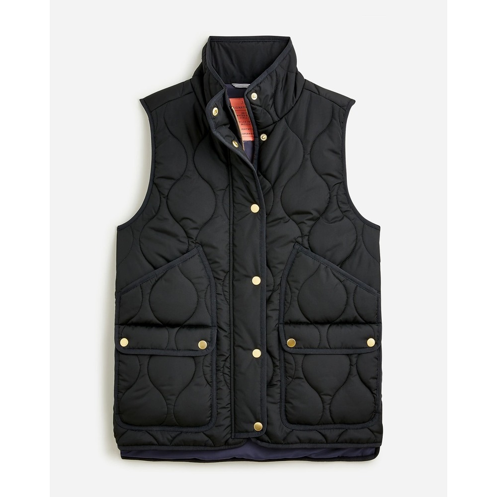 J.Crew Quilted Excursion Vest PrimaLoft Puffer Jacket Size M Black, Gold Snap